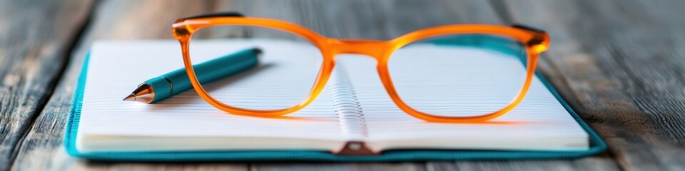 Aufkleber - Minimalist Workspace Essentials Vibrant Orange Reading Glasses on Nordic-Inspired Wooden Desk - Modern Learning and Productivity Visualization