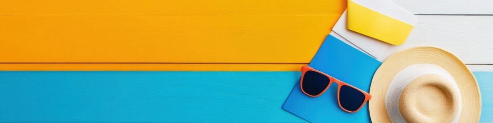 Poster - Minimalist Summer Workspace Vibrant Color-Block Design with Sunglasses and Coffee - Inspiring Creative Professional Productivity and Digital Nomad Aesthetic