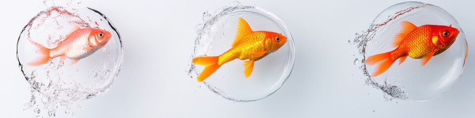 Aufkleber - Dynamic Career Mobility Goldfish Transition Metaphor in Minimalist White Space - Innovative Professional Growth and Entrepreneurial Leap Visualization