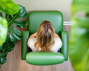 Aufkleber - Wellness Sanctuary Biophilic Relaxation Design with Green Chair, Botanical Comfort, and Mindful Self-Care Minimalism for Modern Stress Relief