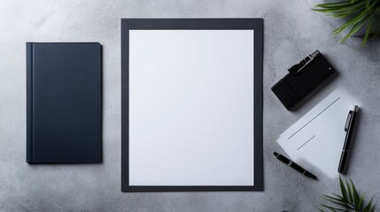 Aufkleber - Minimalist Workspace Mockup Sleek Navy Notebook, White Framed Mockboard and Professional Gray Granite Staging for Corporate Branding and Creative Content Design