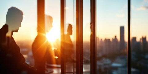 Aufkleber - Transformative Urban Collaboration Minimalist Corporate Strategy Session with Golden Hour Lighting - Next-Gen Professional Synergy and Innovative Workspace Design