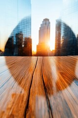 Poster - Urban Horizon Convergence Golden Sunset Through Minimalist Wooden Surface - Contemporary Business Landscape and Architectural Innovation Perspective