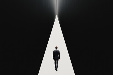 Poster - Minimalist Corporate Vision Powerful Executive Journey Through Monochromatic Corridor - Transformative Leadership Narrative in High-Contrast Professional Branding