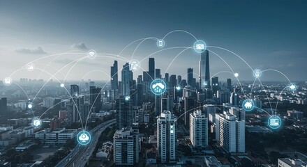 Smart City Cloud Concept AI Robot Data, Line Connection technology Science Concept.