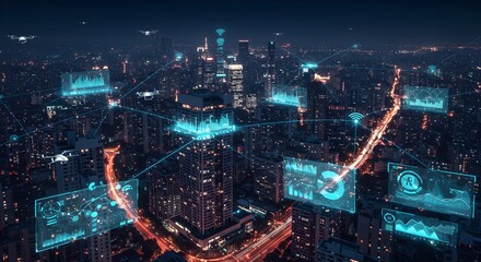 Smart City Cloud Concept AI Robot Data, Line Connection technology Science Concept.