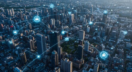 Smart City Cloud Concept AI Robot Data, Line Connection technology Science Concept.