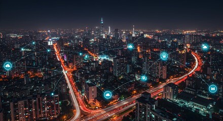 Smart City Cloud Concept AI Robot Data, Line Connection technology Science Concept.