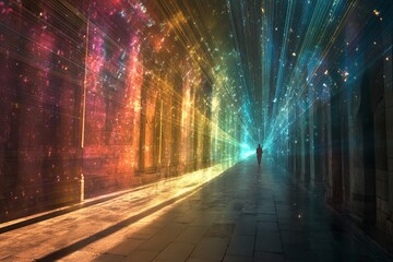 Wall Mural - a colorful tunnel with a person walking through it. the tunnel is illuminated with a rainbow of colo