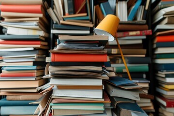 Poster - Analog Knowledge Sanctuary Maximalist Book Landscape with Vintage Task Lamp - Scholarly Workspace Design for Deep Focus and Intellectual Exploration