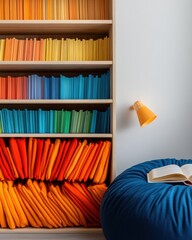 Poster - Chromatic Reading Sanctuary Vibrant Color-Coded Bookshelf and Cozy Mindfulness Nook - Aesthetic Learning and Digital Wellness Inspiration