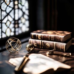 Poster - Timeless Dark Academia Study Essentials Vintage Leather Books, Brass Artifacts and Moody Scholarly Ambiance - Nostalgic Intellectual Workspace Inspiration