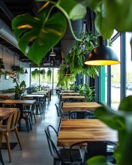 Poster - Biophilic Workspace Design Modern Industrial Cafe with Lush Green Interiors, Sustainable Productivity and Wellness-Focused Urban Dining Environment