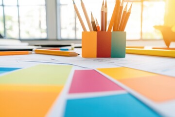 Aufkleber - Dynamic Color Theory Workspace Minimalist Design Studio with Vibrant Pencil Palette - Creative Professional Productivity and Innovative Visual Branding Solutions
