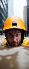 Poster - Climate Crisis Resilience Urban Emergency Response Professional Battling Flood Catastrophe with High-Performance Safety Gear and Unwavering Human Determination