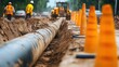 © Anu - Construction workers installing a pipeline surrounded by traffic cones