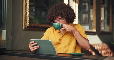 Poster - Cafe, student and man on tablet with coffee for online project, digital learning and research for assignment. University, restaurant and person with drink on tech for website, internet and studying