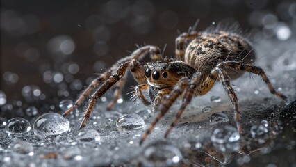 Wall Mural - spider on wet web: capturing a macro shot of a spider on a glistening, water-covered web. showcasing