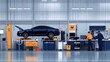 © Iona - In a bustling repair shop, a vehicle is raised high as mechanics engage in complex repairs and diagnostics, highlighting teamwork and expertise.