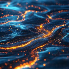 the image is a blue and orange swirl of water with glowing specks. the colors and patterns create a 