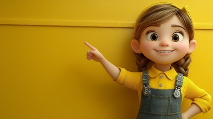Cartoon Child Pointing Right, Yellow Backdrop, Smiling Girl Illustration, Education, Learning, Presentation, Happy Kid.