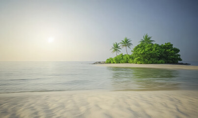 Fototapete - Tranquil beach sunset over a small island with palm trees and lush greenery