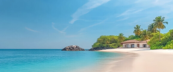 Fototapete - Beautiful tropical beach with crystal clear water and a villa in the distance