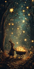 Wall Mural - a rabbit is holding a basket of stars in a forest. the stars are lit up, creating a magical and whim