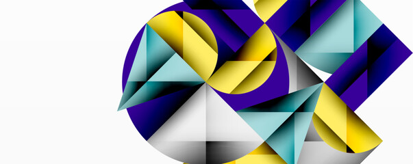 Poster - Abstract geometric design with intersecting circles, triangles, squares and sharp angles creating a layered composition with gradients, depth, and contrast