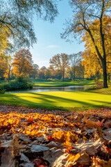 Wall Mural - Serene golf course in autumn with vibrant foliage reflecting in calm water under a clear blue sky creating a peaceful and scenic landscape