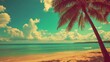 © MaxB - Tropical beach with palm tree, blue sky, and white clouds, providing an abstract background and copy space for concepts related to summer vacation and business travel