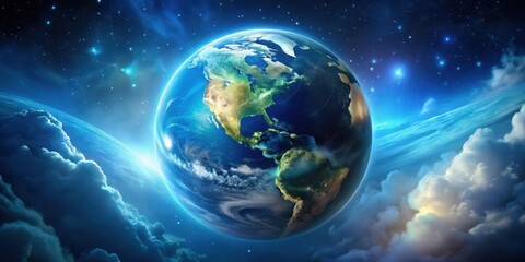 Wall Mural - a radiant earth, encircled by luminous clouds and a celestial expanse filled with shimmering stars, 