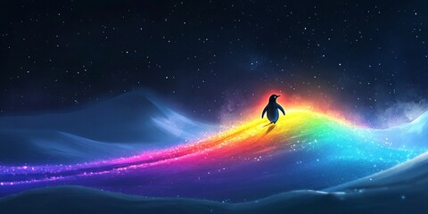 Wall Mural - a penguin is walking on a rainbow hill. the scene is colorful and whimsical, with the penguin standi