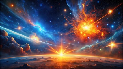 Wall Mural - a majestic celestial event sunrise over an alien world with fiery nebula and brilliant stars