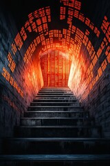 Wall Mural - This captivating image features a dark staircase leading into a vivid glowing red light, creating an eerie yet intriguing atmosphere perfect for storytelling.