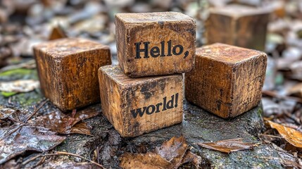 hello, world! wooden blocks in nature concept for programming, coding, technology & learning.