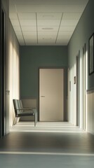 Wall Mural - a hallway with a bench and a door. the bench is empty. the door is closed