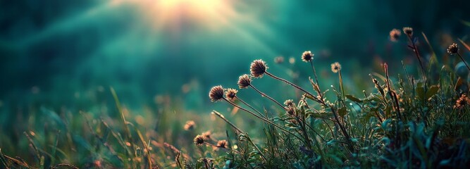 An abstract banner with a spring and summer theme showcases green blurred bokeh lights