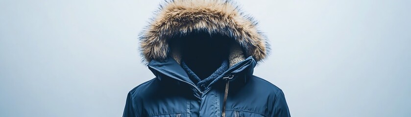 man wearing a hooded jacket with fur lining on a white isolated background.