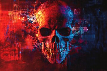Wall Mural - this striking image features a colorful skull against an abstract digital background, combining horr