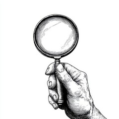 Wall Mural - The image is a black and white hand drawn sketch engraving PNG illustration of a magnifying glass in hand, designed for T-shirt apparel print, incorporating a scratch board imitation