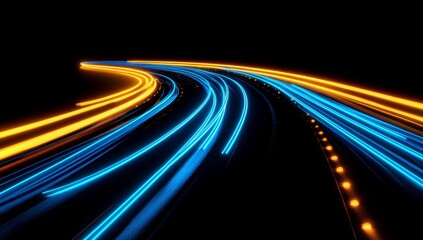 Wall Mural - Abstract Representation Of Dynamic Movement Blue And Orange Glowing Light Trails On A Dark Road At Night Ideal For Technology And Speed Concepts And Themes. Perfect For Graphic Design Projects Or