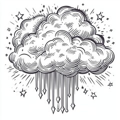 Stock has created a raster illustration of a cloud being struck by lightning from below, presented in a sketch engraving style with a scratch board imitation, in black and white