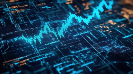 Abstract Digital Data Visualization Featuring Blue And Orange Neon Lines Over Circuit Board Grid