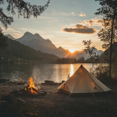 Wall Mural - Serene lakeside camping scene at sunset with a tent and campfire against a mountain backdrop capturing the tranquil mood of outdoor adventure and nature