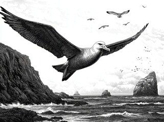 Wall Mural - The ocean is the backdrop for a vintage coastal scene, complete with seagulls flying and perching, illustrated in a classic style using generative AI and modern sketch engraving techniques, with a