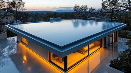Poster - Modern flat fiberglass roof with warm lighting at sunset