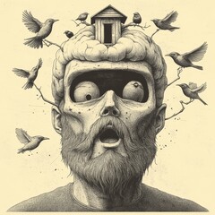 Wall Mural - Imagination is symbolized by a birdhouse emerging from an open head, as two birds fly nearby, in a black and white raster illustration created using generative AI, with a scratch board imitation, in