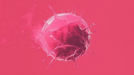 Wall Mural - A pink sphere with a virus on it. The virus is surrounded by water droplets. The image has a futuristic feel to it