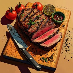 Wall Mural - The image features a grilled steak garnished with rosemary herbs, exemplifying a classic culinary presentation, created using generative AI in a raster illustration style with a scratch board effect